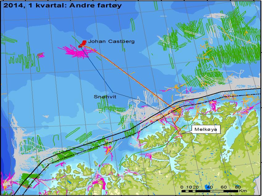 Figur H 2 Kvartalsvis fordeling av alt sporingspliktig norsk fiske i 2014 unntatt bunntrålfiske i området omkring den