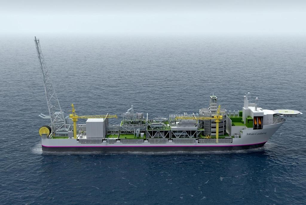 Figur 3-13 Illustrasjon av produksjons- og lagerskipet (FPSO) Fakkelbom Hovedkraft Boligkvarter og Heli-dekk SRU-anlegg Losse- slange Prosesseringsområde med delvis to dekk Dreieskive Livbåter