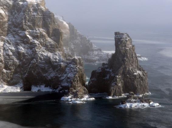 Kystlinjen på Bjørnøya består stort sett av klippekyst med "loddrette" vegger ned i havet. Den sørligste delen er høyest, og har rike fuglefjell.