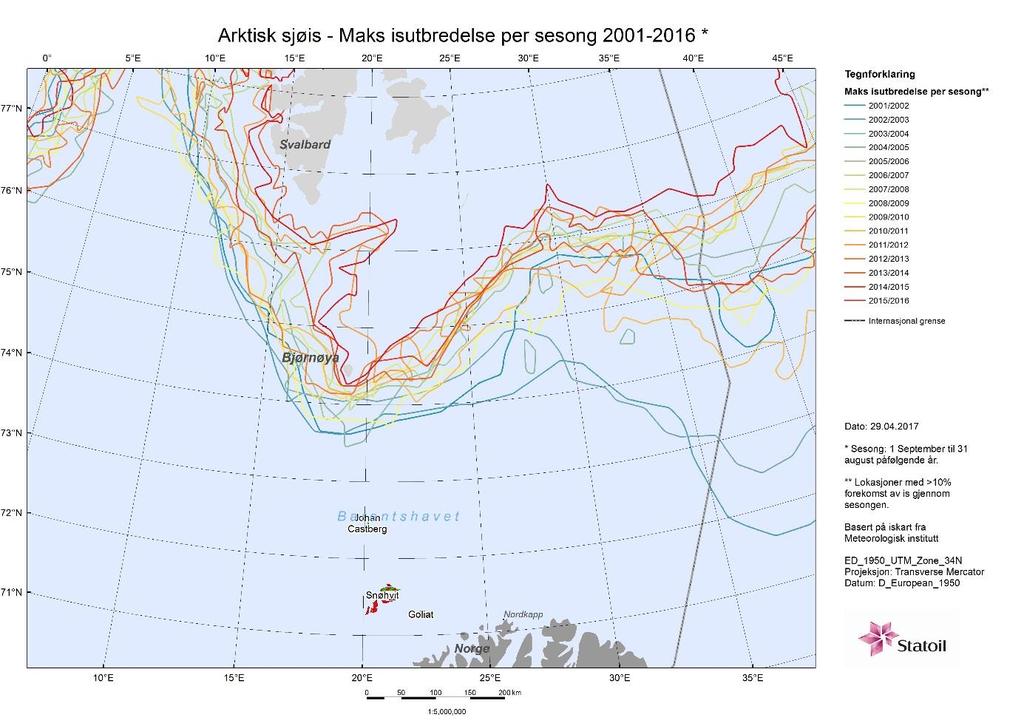 Figur 5-4 Maksimal utstrekning av is (10% isdekke på hvilket som helst tidspunkt i løpet av året) Kilde : Statoil basert på iskart distribuert av Istjenesten ved Norsk Meteorologisk Institutt I løpet