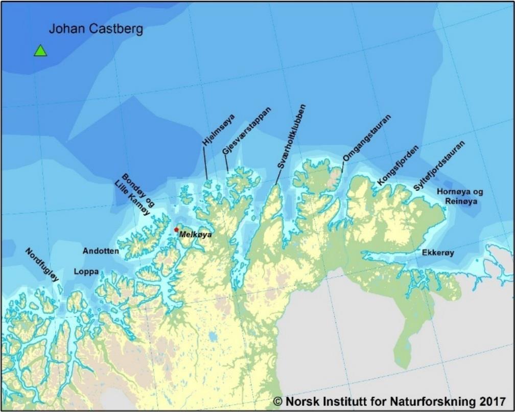 hekket det i 2014 132 000 par lomvi, 95 000 par polarlomvi, 30 000 par havhest og 135 000 par krykkje. Hekkekolonier for ulike arter er gitt i vedlegg E.