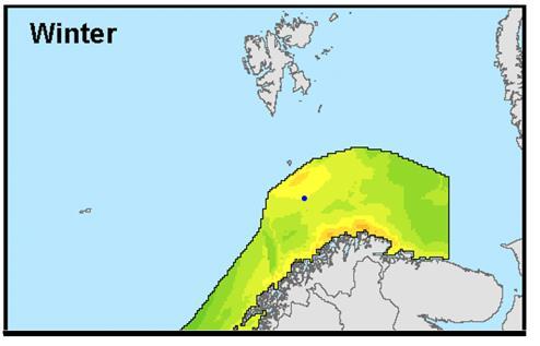 Høyest forekomst i utredningsområdet er om våren ved gyteinnsig av lodde og i hekkeperioden. På høsten finner vi forholdsvis høye forekomster i den sørøstlige delen av Barentshavet.