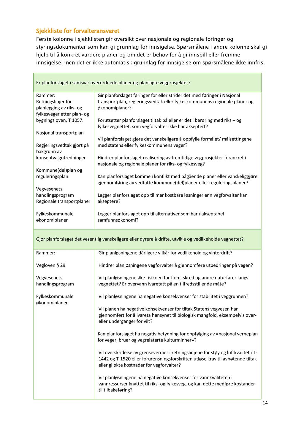 Sjekkliste for forvalteransvaret Første kolonne i sjekklisten gir oversikt over nasjonale og regionale føringer og styringsdokumenter som kan gi grunnlag for innsigelse.