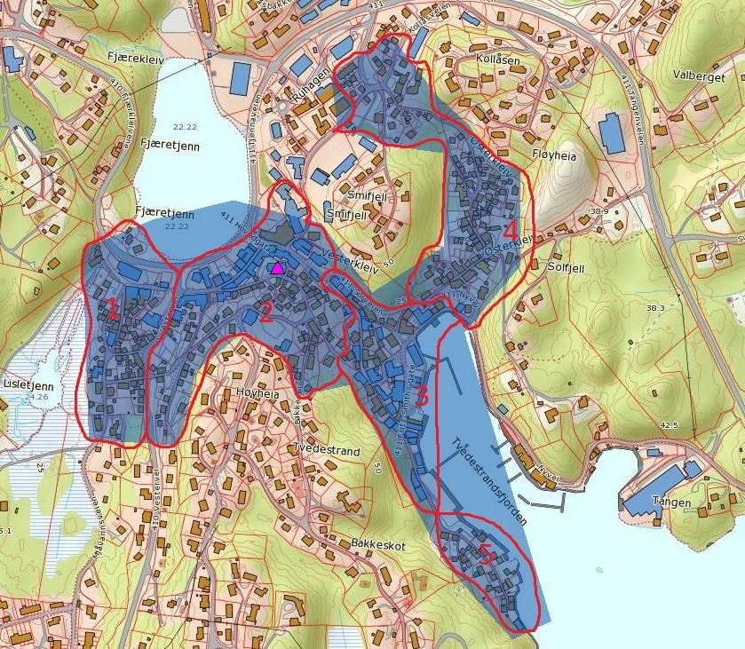 Sonekart som viser i Tvedestrand sentrum delt inn i 5 soner for innsats mot en eventuell brann. Sone 1 2 3 4 5 Beskrivelse Tettliggende husrekke mot Mjåvannsveien.