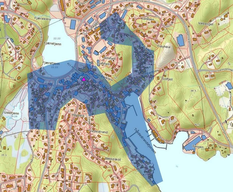 2.4.2 Områdeavgrensning verneverdig område i Tvedestrand sentrum og Lyngør Områdeavgrensningen er hentet fra kartlegging av verneverdig tett trehusbebyggelse der det