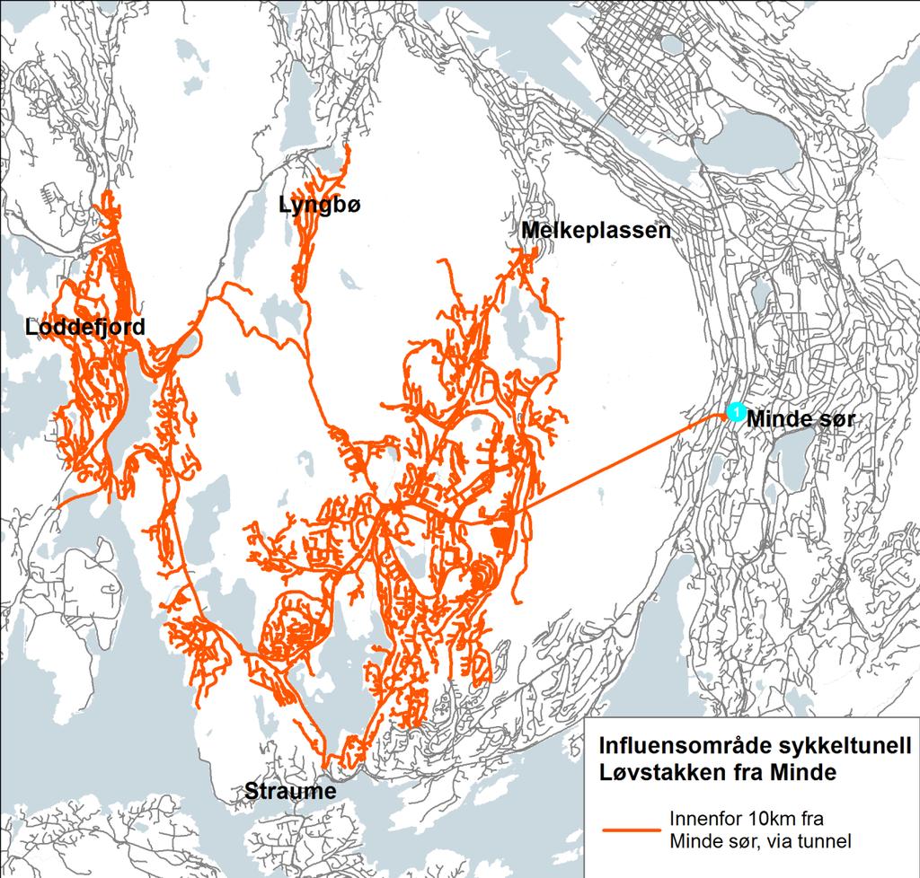 16 og søndre del av Straume, ut av influensområdet selv om de er innenfor 10km fra beregningspunktet.