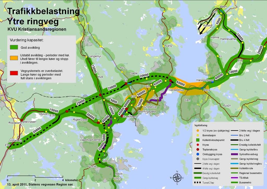 Trafikale virkninger I konseptet Ytre ringveg vil hele det overordnede vegnettet, bortsett fra Varoddbrua, få god avvikling.