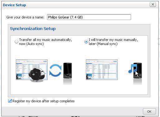 Slik velger du innstillinger for automatisk synkronisering: Slik velger du automatisk eller manuell synkronisering senere: 1 Velg spilleren under Devices 2 Klikk på