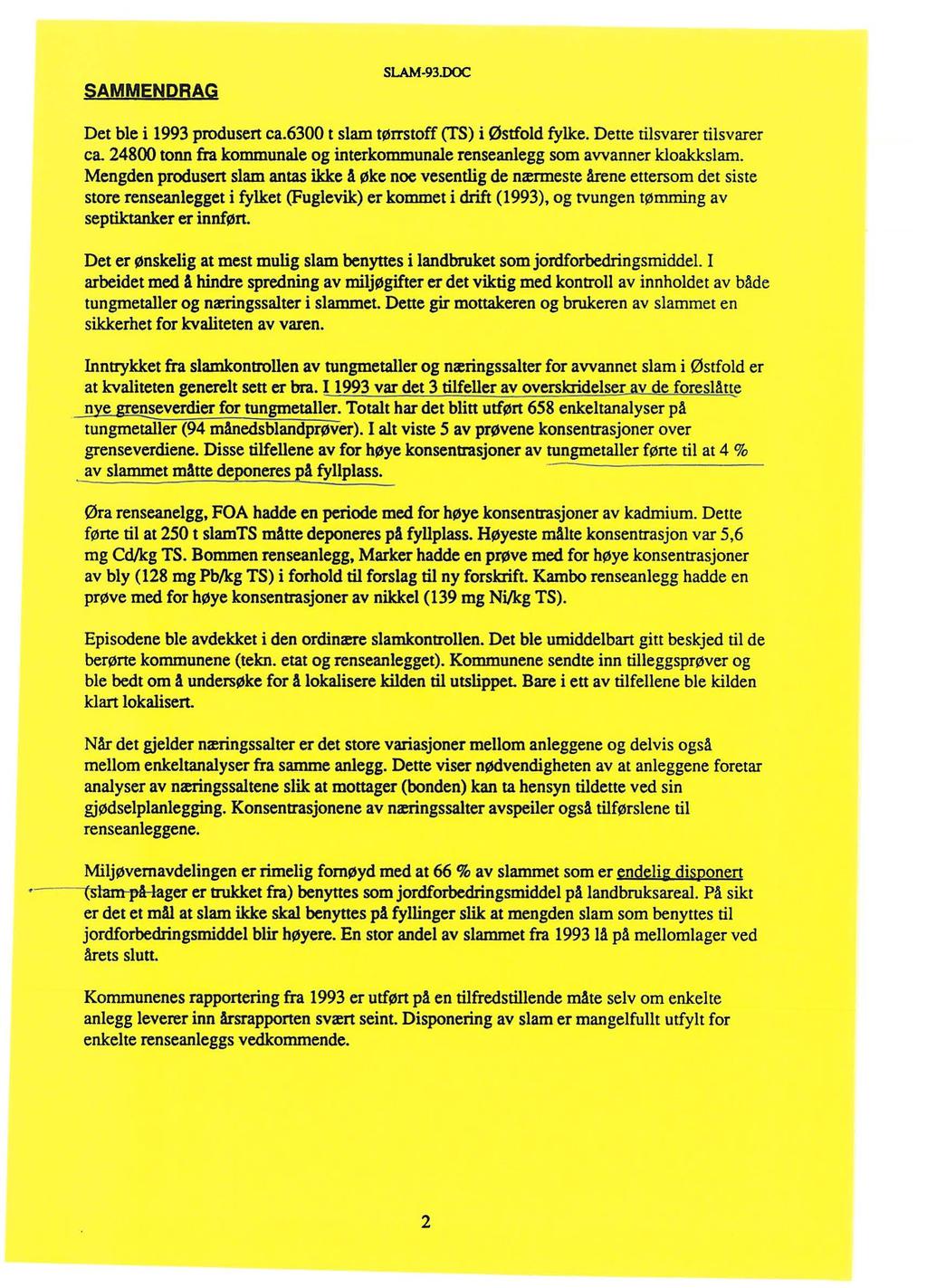 SAMMENDRAG SLAM-93..IXX:.-- Det ble i 1993 produsert ca.6300 t slam tørrstoff (TS) i Østfold fylke. Dette tilsvarer tilsvarer ca.