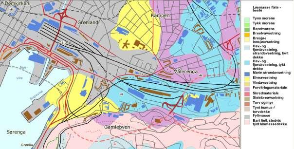 Dok nr: UOS00-A-36105 Side: 14 av 38 Follobanen 1.1.2 Løsmasser og berggrunn Kvartærgeologisk kart av området indikerer at løsmassene består av en del fyllmasser, samt elve- og bekkeavsetninger (fluvial avsetning), se figur 3.