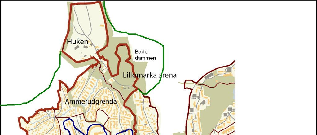 Bildet viser planavgrensningen av Ammerud er markert med rødt (den midterste avgrensingen), særlig innsatsområde er markert med blått (den innerste avgrensingen) og influensområde er markert med