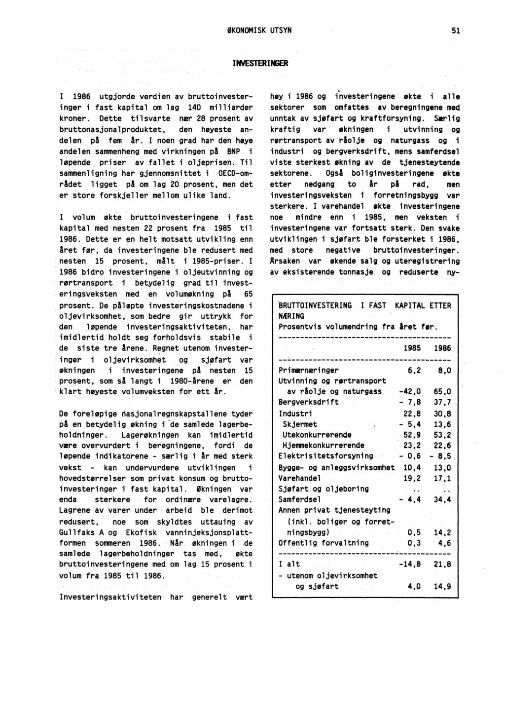 ØKONOMISK UTSYN 51 INVESTERINGER I 1986 utgjorde verdien av bruttoinvesteringer i fast kapital om lag 140 milliarder kroner.