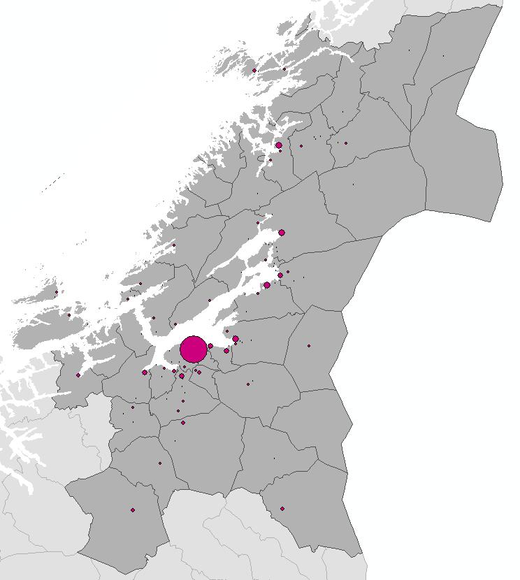 Tettsteder i Trøndelag I Trøndelag er det 106 tettsteder, 54 i Sør-Trøndelag og 52 i Nord-Trøndelag.