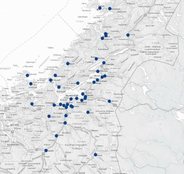 Metoder og kriterier for utvalg av tettsteder Eksempel: 1. Bruker tettsteder som etter SSB sin tettsteder definisjon har med mer enn 800 personer i 2016. Dette er 42 tettsteder 2.