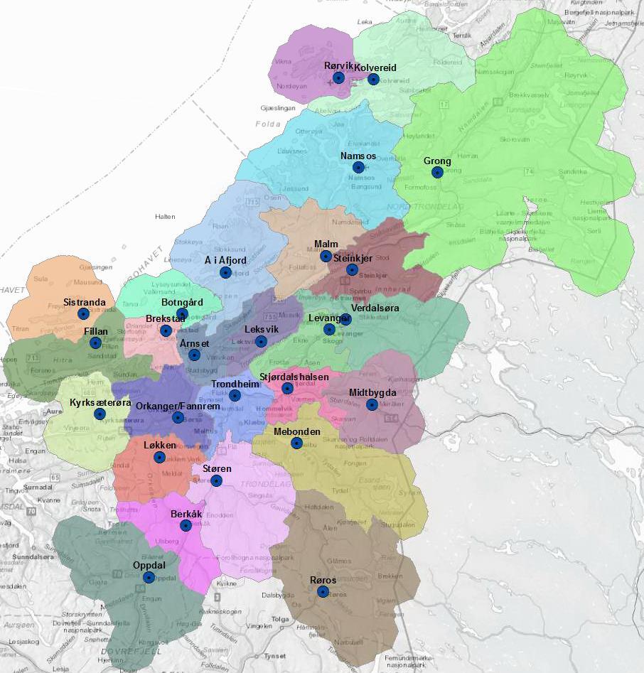 Tettsteder med beregnet omland Befolkning tettsted Befolkning Omland Trondheim 175 068 216 459 Steinkjer 12 341 22 632 Stjørdalshalsen 11 725 26 785 Levanger 9 637 21 717 Namsos 8 369 17 220