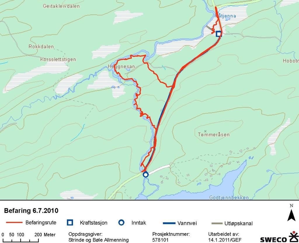 28.01.2011 Bøla kraftverk Figur 7. Befaringsrute ved Bøla 6.7.2010. Bøla renner i en bekkekløft som er vanskelig tilgjengelig i deler av utbyggingsstrekningen.