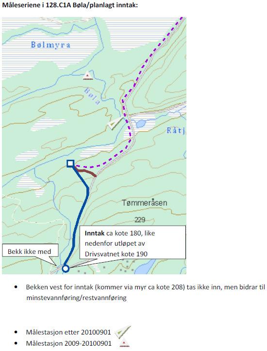 Figuren over viser plasseringen til planlagt inntak ved utløp Drivsvatnet, planlagt kraftstasjon, og de to lokale måleseriene i Bøla.