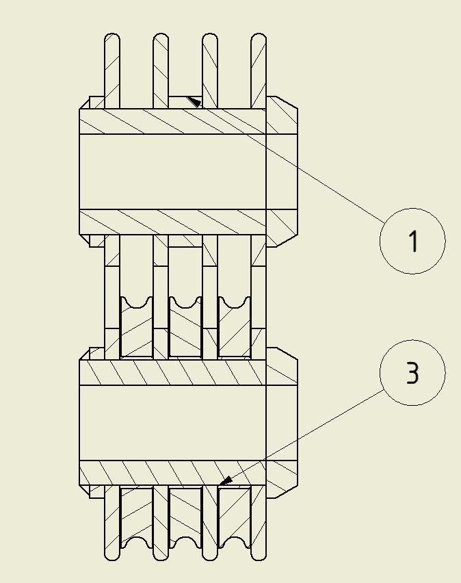 Figur 8. Snitt av blokk. (1) er hylse for å motstå aksiellt trykk fra opphengs-slynge. (3) er glidelagre: FAG EGB10060-E40.