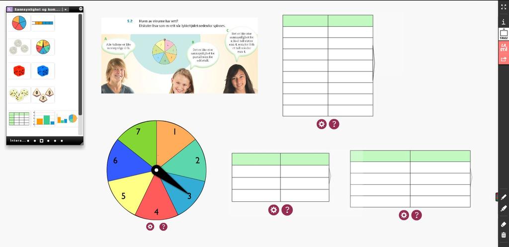 3 av 6 Interaktive elementer Oppgave 5.2, Hvem av elevene har rett? (side 250) gir utgangspunkt for en matematisk samtale rundt sannsynlighet.