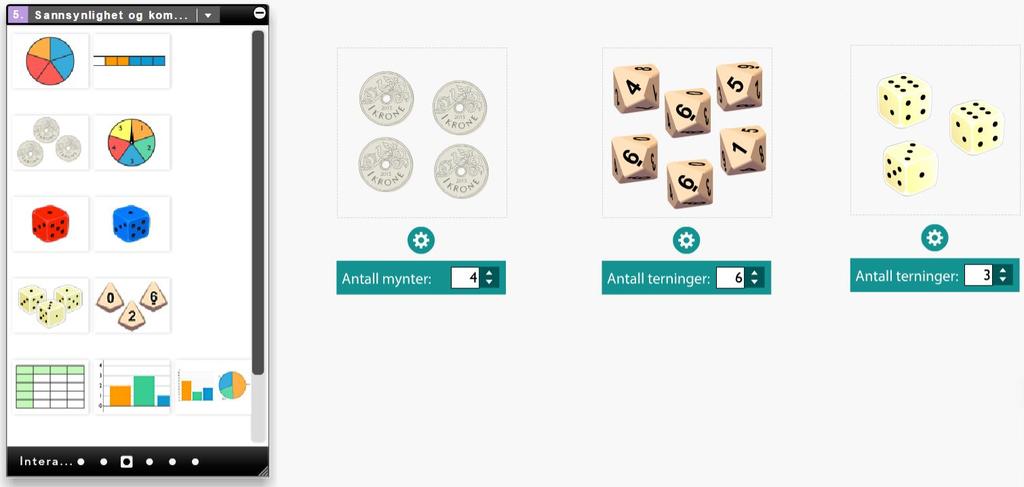 4 av 6 Mynter og terninger Under interaktive elementer finnes også mynter og terninger som kan kastes. Det er mulig å velge fra en til seks mynter/terninger.