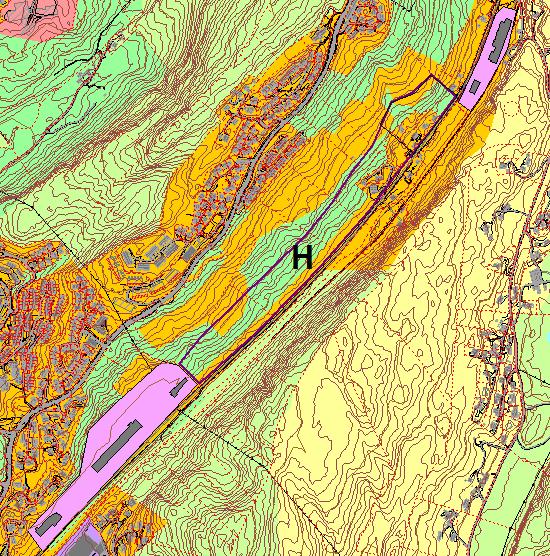 Helldal Fana Område H: Gnr. 6 Helldal 15 dekar, gnr. 43 Midtun 55 dekar Langstrakt område i skrått terreng langs Hardangerveien mellom to etablerte næringsområder og en trafo.