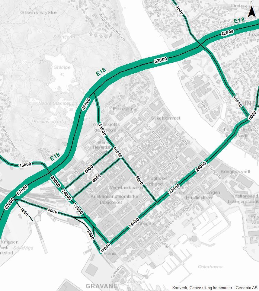 Trafikkmengder 2040: Kvadraturen og Vestre havn med trafikkreduserende