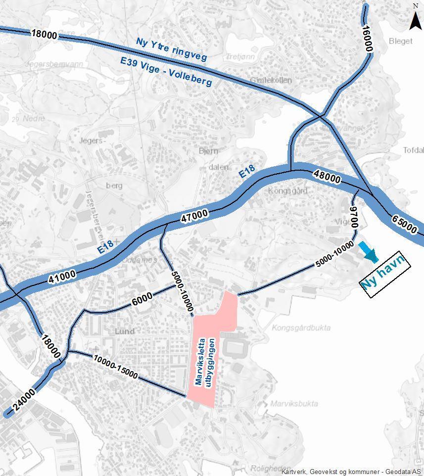 Trafikkmengder 2040: E18/tilstøtende veier med trafikkreduserende tiltak