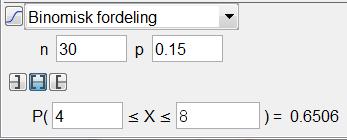 d) Ettersom P(X > 3) = 0,678 P(3 < X < 9) = P(4 X 8) trykker vi