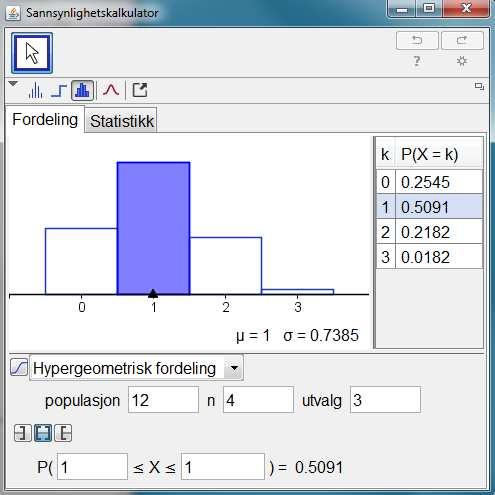 La X være atall elemeter vi trekker fra D Vi ka bruke sasylighetskalkulatore i GeoGebra til å bestemme P(Xk) Ved å resoere som i eksemplet fier vi at X har sasylighetsfordelige Vi sier at X