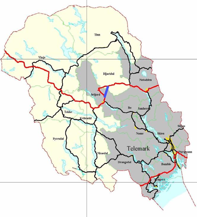 E134 Gvammen Århus - et stort prosjekt midt i Telemark På E134 Drammen Haugesund (mellom Hjartdal og Seljord) 9,4 km tunnel gjennom Mælefjell + 1,1 km ny veg i hver ende Avlaster eksisterende veg