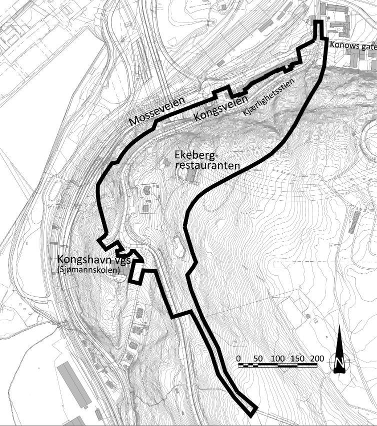 2 Beskrivelse av analyseobjektet 2.1 PLANOMRÅDET Forslag til planområde, som vist i Figur 1, omfatter ca. 950 m av Kongsveien fra Konows gate til Sjømannsskolen holdeplass.