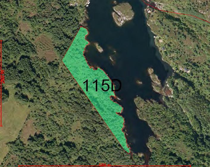 188 Område nr. 115D, Kårbø Eigedom: 52/8 Storleik: Innspel, 21 daa. Noverande areal: LNF Forslått arealbruk: Spredt næring Områdeskildring: Området ligg vest for Gjerdevågen Nord på Holsnøy.