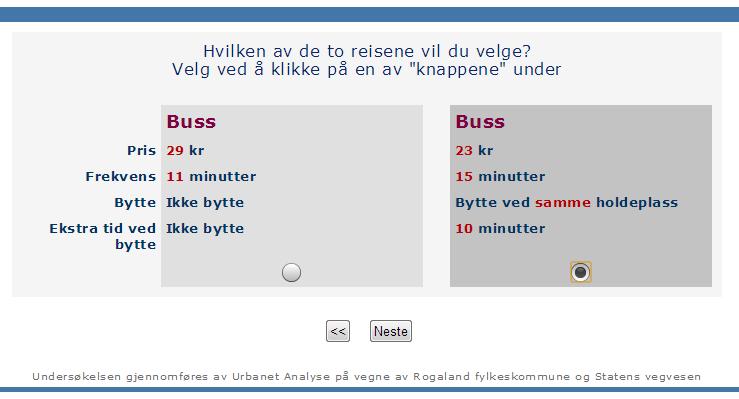 Figur 2.1: Eksempel på skjermbilde, hentet fra spillsekvens 2. Tabell 2.3 til Tabell 2.5: viser hvilke faktorer respondentene ble presentert for i de ulike spillene, og hvordan nivåene ble variert.