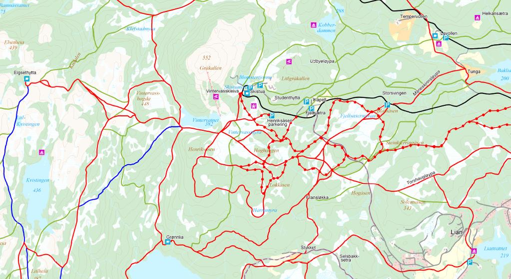 2.5 SKILØYPER Det går flere skiløyper til og gjennom planområdet. I hovedsak har løypene nord for Fjellseterveien status som løyper som ikke prepareres, eksempelvis Udbyeløypa og Rustadrenna.