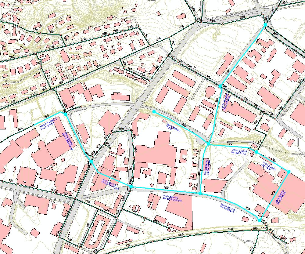 Figur 1 Planlagt (blå) og eksisterende vannett i Lilleby området Resultater Simulering 1: Figur 2 viser maks brannvannsuttak når et minimumstrykk på 20 mvs skal opprettholdes ved alle kummer i