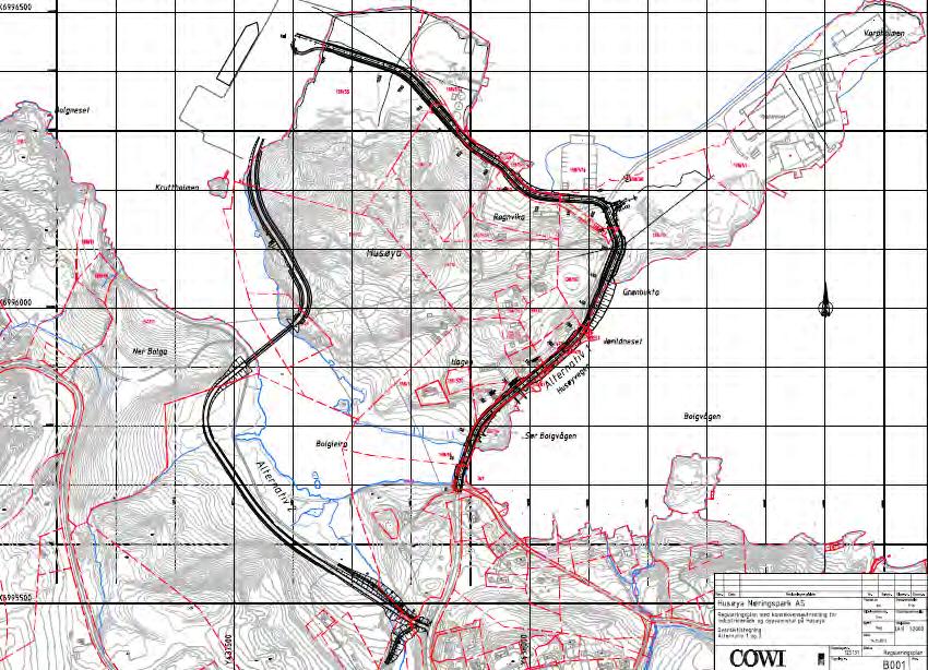 Det kan være mulig å senke veien opp til ca. 0,35 m fra like nord for Husøyvegen 42 og frem til nr. 66 (profil 180-330). En justering av veilinje vil gi mer fylling i sjø (2m lenger ut, dvs.