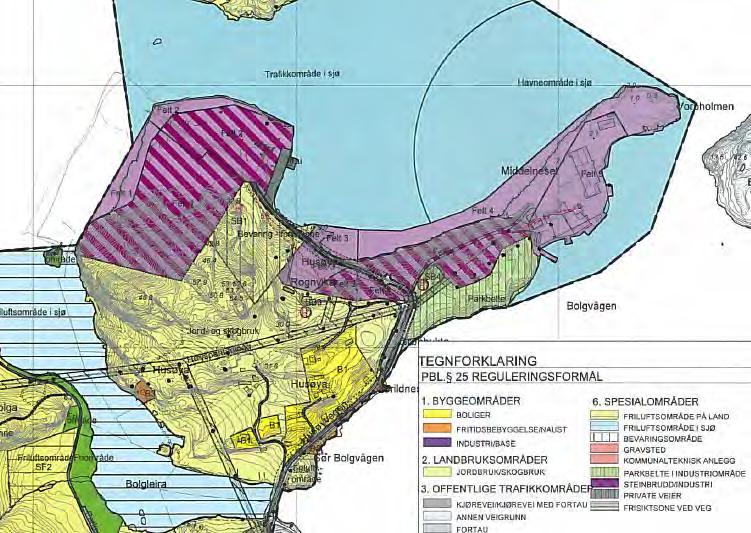 PLANBESKRIVELSE MED KONSEKVENSUTREDNING FOR INDUSTRIOMRÅDE OG DYPVANNSKAI PÅ HUSØYA 25 Det er avsatt flere spesialområder i planen: Felt 1-4 som er striperegulert (fiolett/rosa) til