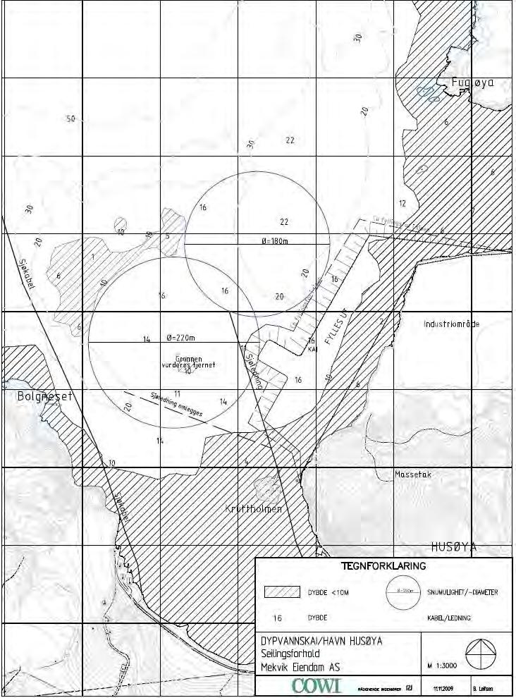 70 PLANBESKRIVELSE MED KONSEKVENSUTREDNING FOR INDUSTRIOMRÅDE OG DYPVANNSKAI PÅ HUSØYA Figur 8-17 Områder med mindre seilingsdybde enn 10 meter, samt mulige frie snuforhold i det fremtidige