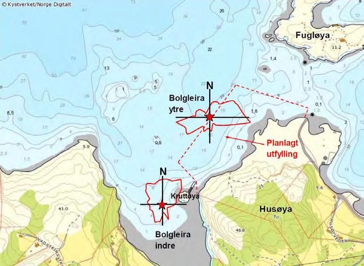 72 PLANBESKRIVELSE MED KONSEKVENSUTREDNING FOR INDUSTRIOMRÅDE OG DYPVANNSKAI PÅ HUSØYA Figur 8-20 Bolgleira og sjøområdet rundt, med omriss av den planlagte utfyllingen (rød stiplet linje) (Kilde: