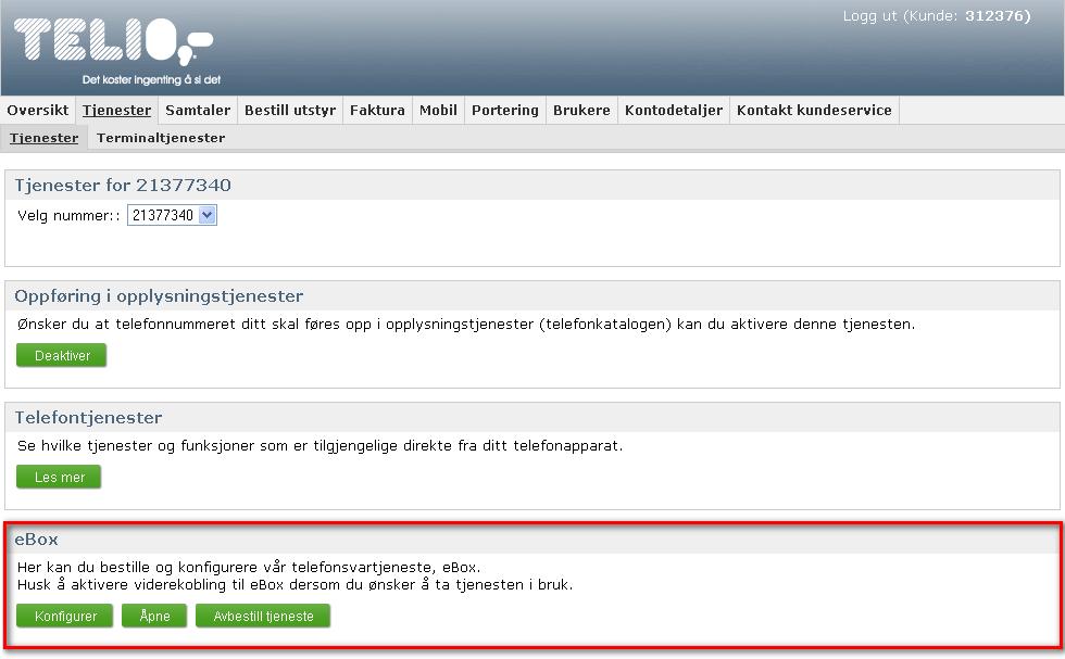 1. Velg Tjenester 2. Velg ønsket telefonnummer i menyen 3. Bla ned til ebox 4. Klikk på Bestill Dine Sider > Tjenester > ebox > Konfigurer 1. Logg inn på Dine Sider fra http://www.telio.no/bedrift 2.