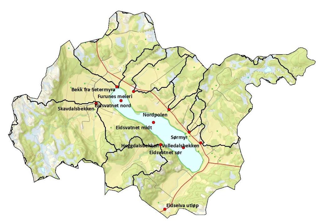 2 METODIKK 2.1 Prøvetaking og analyse Eidsvatnet og 7 tilløpsbekker, pluss Eidselva ved utløpet til fjorden ble prøvetatt i perioden 3.06.2015 til 19.10.2015. Prøvelokalitene er vist i Figur 2.