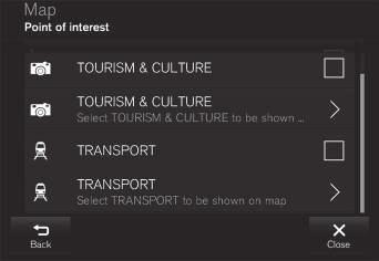 INNSTILLINGER Interessepunkt (Point of Interest - POI) Du kan også åpne kategorien med symbolet ">" og deretter velge hvilke underkategorier som skal vises eller ikke.