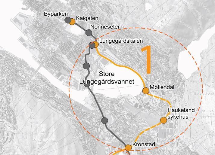 5 Planforslag Delstrekning 1, Nonneseter Kronstad Bergen kommune. Byutvikling Saksnr. 201423440/377 Delstrekning 1 omfatter traséen fra Nonneseter til Kronstad.