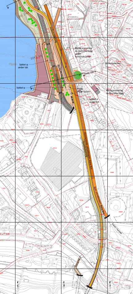 Sykkel og gangforbindelser Hovedsykkelrute Fra Nonneseter til Kronstad er det regulert en sammenhengende hovedsykkeltrasé med fortau.