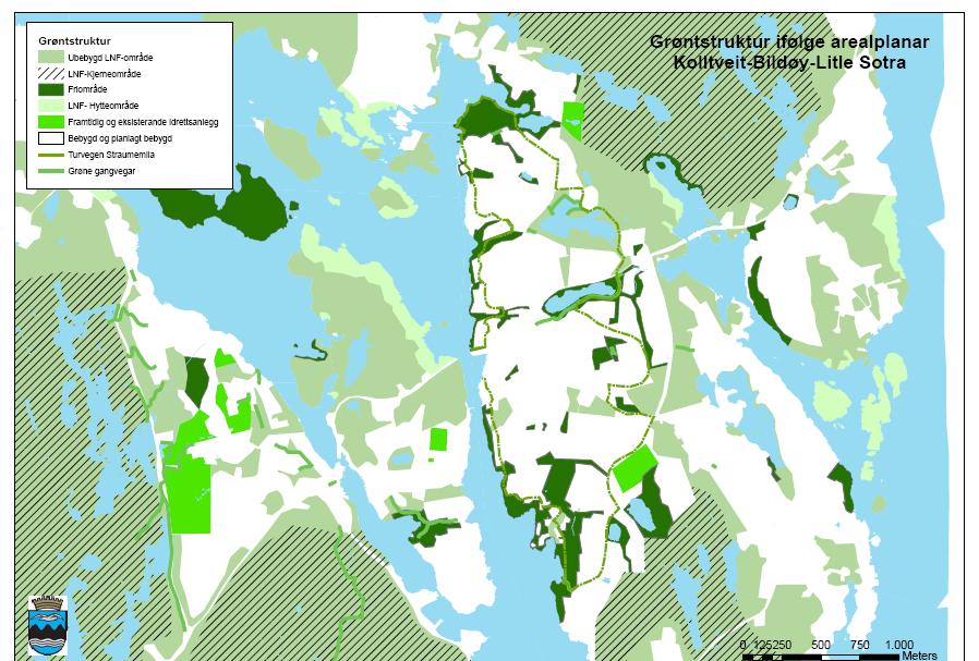 Fjell kommune har vidare laga eit kart som syner den samla planstatus for grøntstruktur i området Kolltveit, Bildøy og Straume (fig. 9).