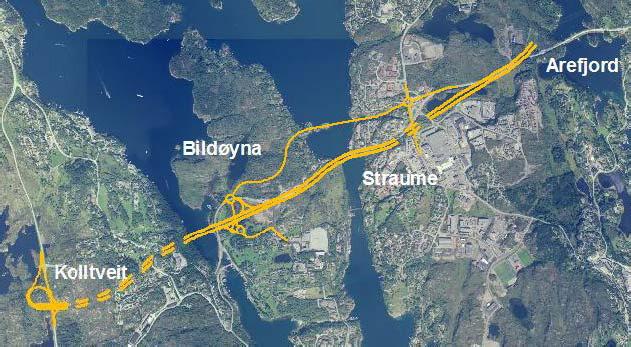 Figur 4: Førebels tilrådd traséalternativ frå Statens vegvesen for framtidig Sotrasamband over Bildøyna (alt.