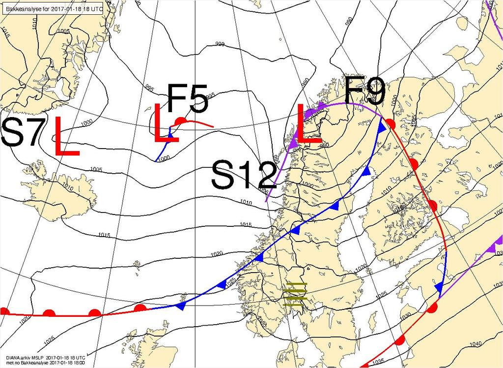 Figur 1: Bakkeanalyse 2017-01-18 18:00 UTC. 1.3 Varsel 1.3.1 Fase A Melding 1, sendt mandag 16.januar. kl.