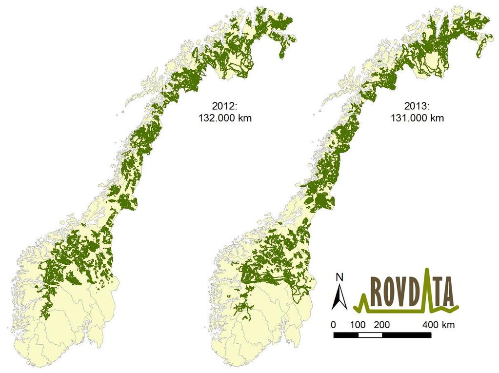Figur 2. Geografisk fordeling av innsatsen ved yngleregistrering av jerv i Norge i 2012 og 2013.