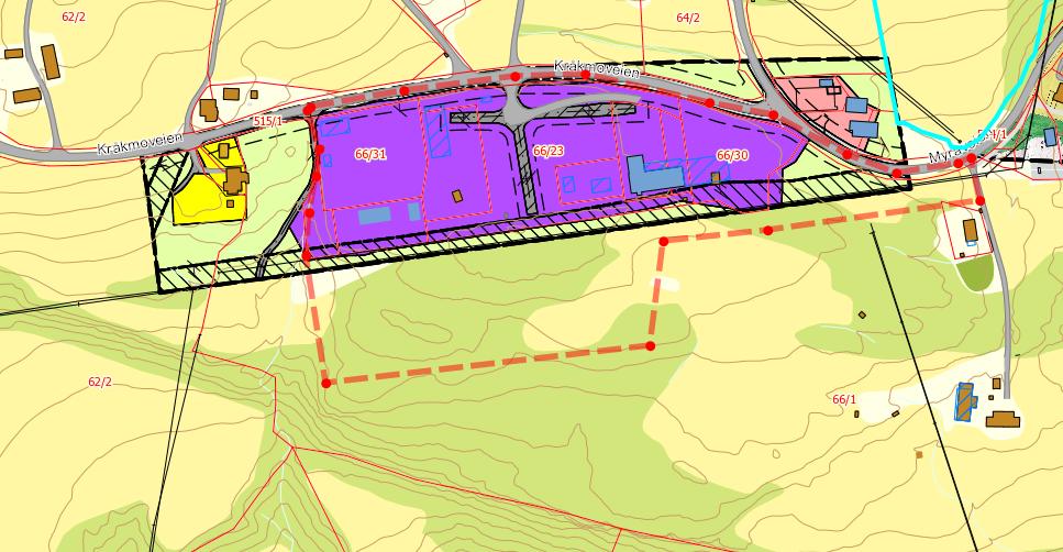 Eksisterende reguleringsplan med inntegnet planutvidelse som rød stiplet linje. 4.