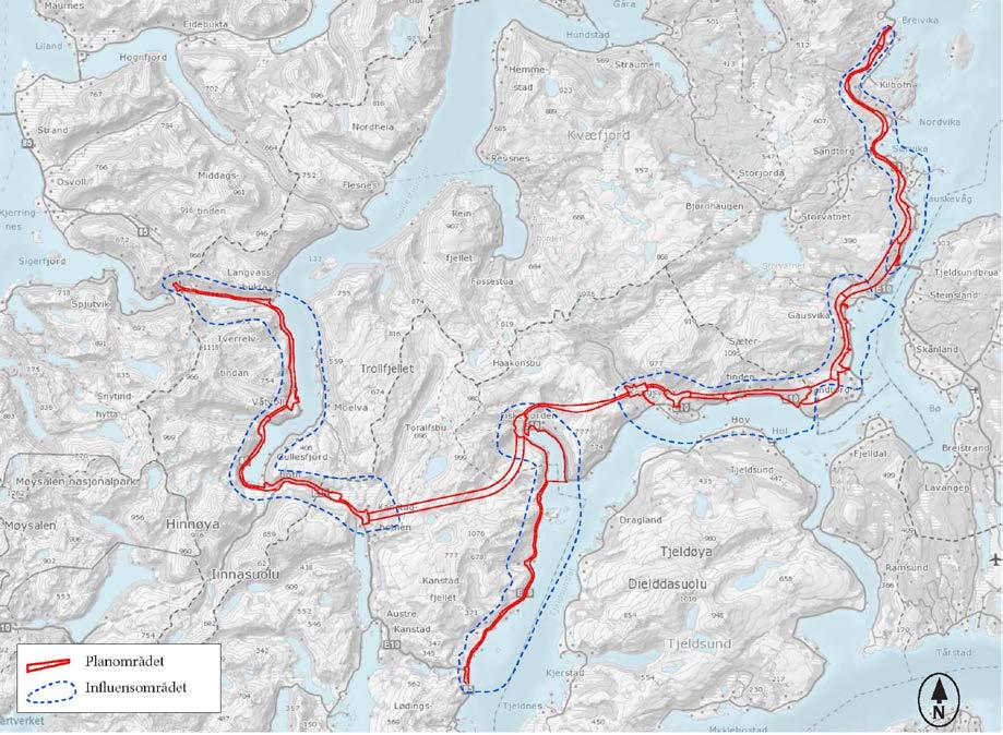5 Overordnet beskrivelse av området Kart over plan og influensområde Undersøkelsesområdet strekker seg fra Sigerfjordtunnelen på grensen mellom Sortland kommune og Kvæfjord kommune til Ruggevika i